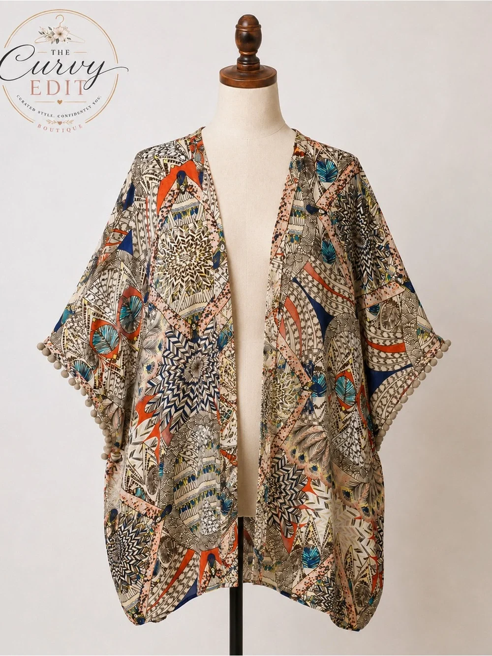 Umgee Oversized Boho Print Open Front Kimono Pom Pom Trim M/L Western